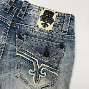 Rock Revival Mens Jeans 34X29 Klarson Straight Leg Fleur de Lis Distressed Faded